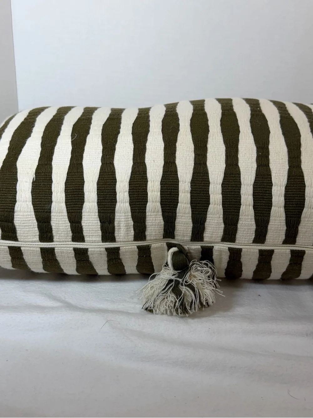 Archive NY Antigua 12x20 Inch Green & Cream Striped With Tassels Lumbar Pillow